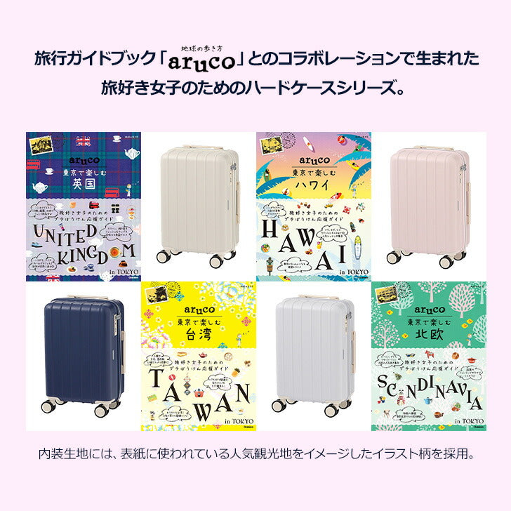 World Traveler × aruco ワールドトラベラー コラボ スーツケース 33L 05281 旅行 ガイドブック コラボ 旅好き女子 ハードケース ポーチ 便利 エコバッグ 旅行 双輪キャスター TSダイヤル 機内持ち込み 修学旅行 国内 海外
