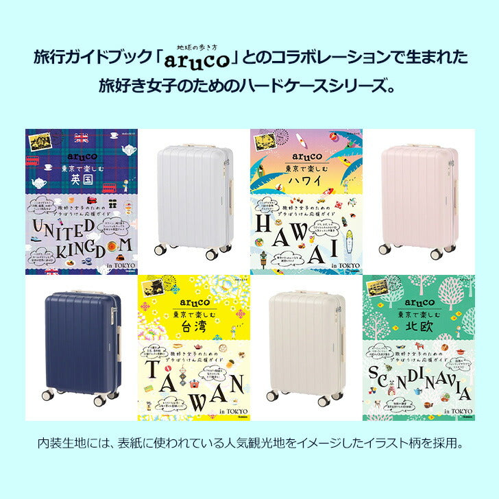 World Traveler × aruco コラボ ワールドトラベラー スーツケース 40L 05282 旅行 ガイドブック コラボ 旅好き女子 ハードケース ポーチ 便利 エコバッグ 旅行 双輪キャスター TSダイヤル 修学旅行 国内 海外