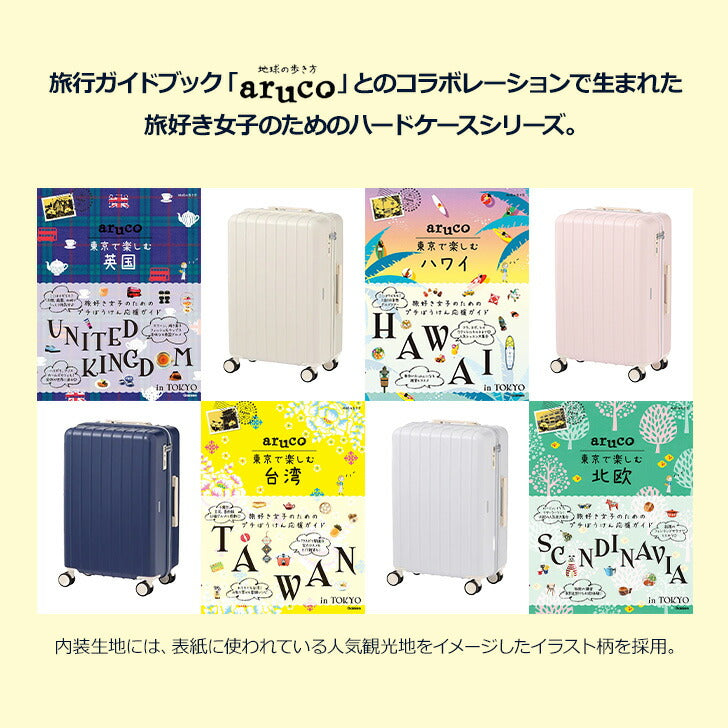 World Traveler × aruco コラボ ワールドトラベラー スーツケース 48L 05283 旅行 ガイドブック コラボ 旅好き女子 ハードケース ポーチ 便利 エコバッグ 旅行 双輪キャスター TSダイヤル 修学旅行 国内 海外