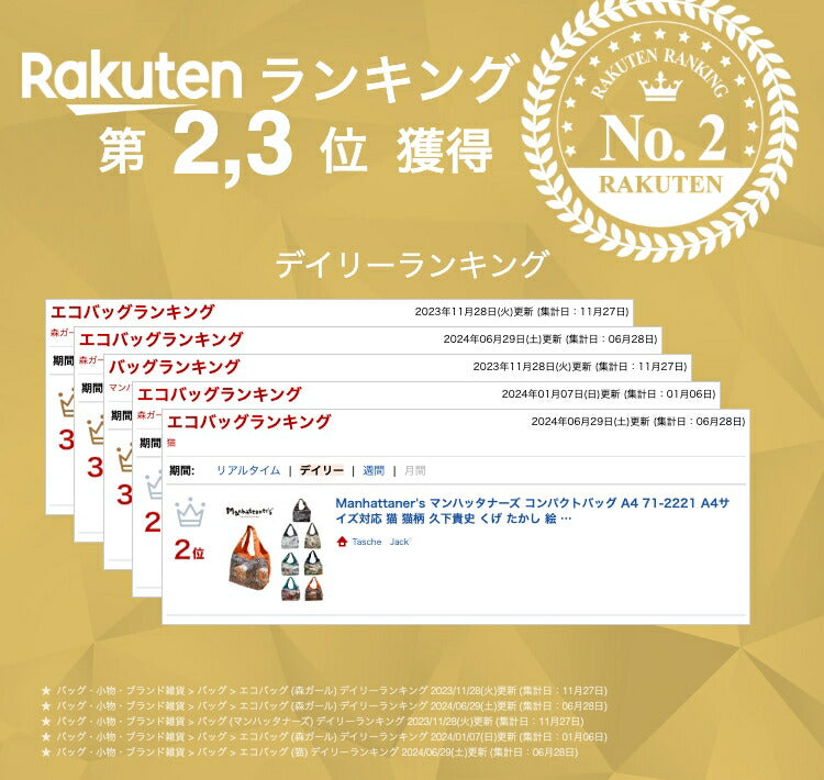 Manhattaner's マンハッタナーズ コンパクトバッグ A4 71-2221 A4サイズ対応 猫 猫柄 久下貴史 くげ たかし 絵 薫るマンハッタン NY猫絵暦四月 ウォーホル方式のフェデリコ 手芸猫 群集猫 お買物 外出 サブバッグ 肩掛け 大容量 マグネット付き 折り畳み プレゼント 猫好き