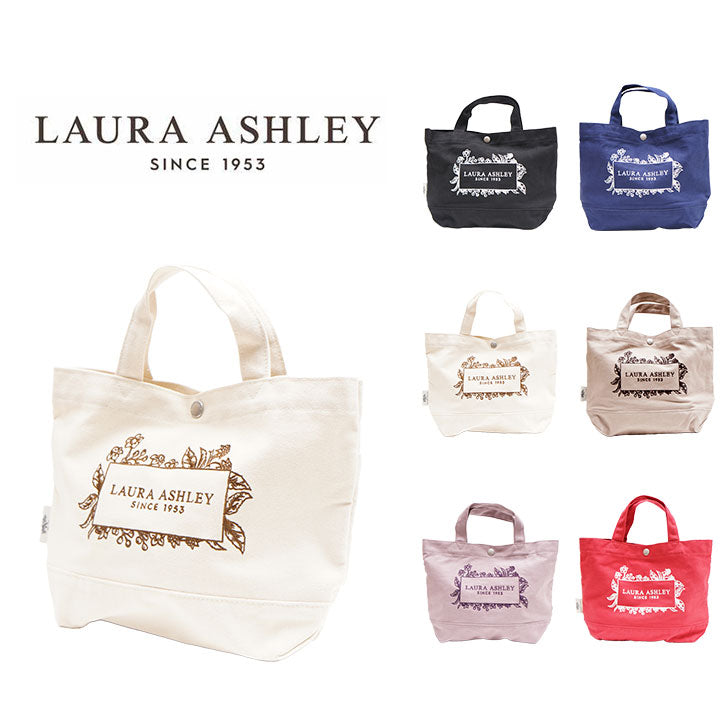 LAURA ASHLEY ローラアシュレイ ILHC-01 刺繍 キャンバス ミニトートバッグ 日本限定 記念ロゴ トート ハンドバッグ 手持ち アイボリー ネイビー レッド ヒースグレー ブラック グレー 帆布 ペットボトル B5サイズ 収納 ランチバッグ ポケット 豊富 70周年 可愛い 6L