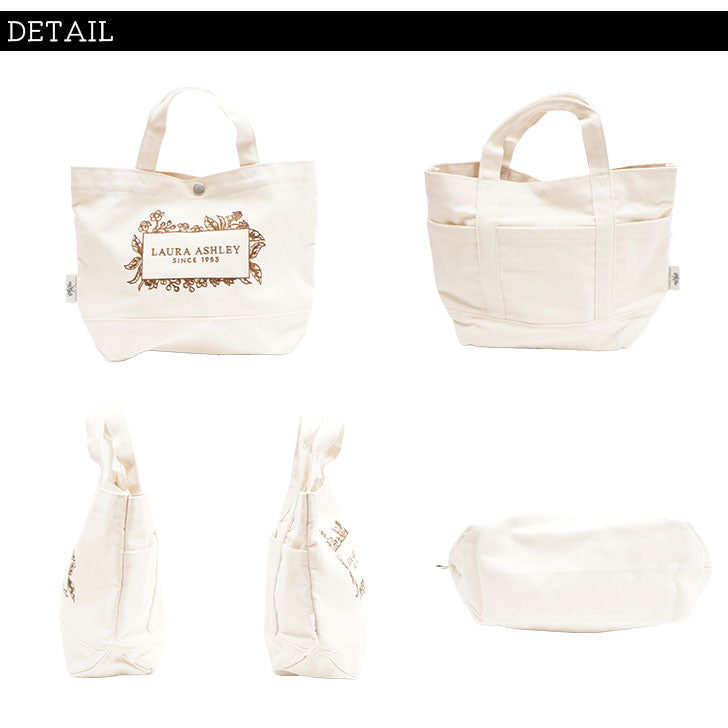 LAURA ASHLEY ローラアシュレイ ILHC-01 刺繍 キャンバス ミニトートバッグ 日本限定 記念ロゴ トート ハンドバッグ 手持ち アイボリー ネイビー レッド ヒースグレー ブラック グレー 帆布 ペットボトル B5サイズ 収納 ランチバッグ ポケット 豊富 70周年 可愛い 6L