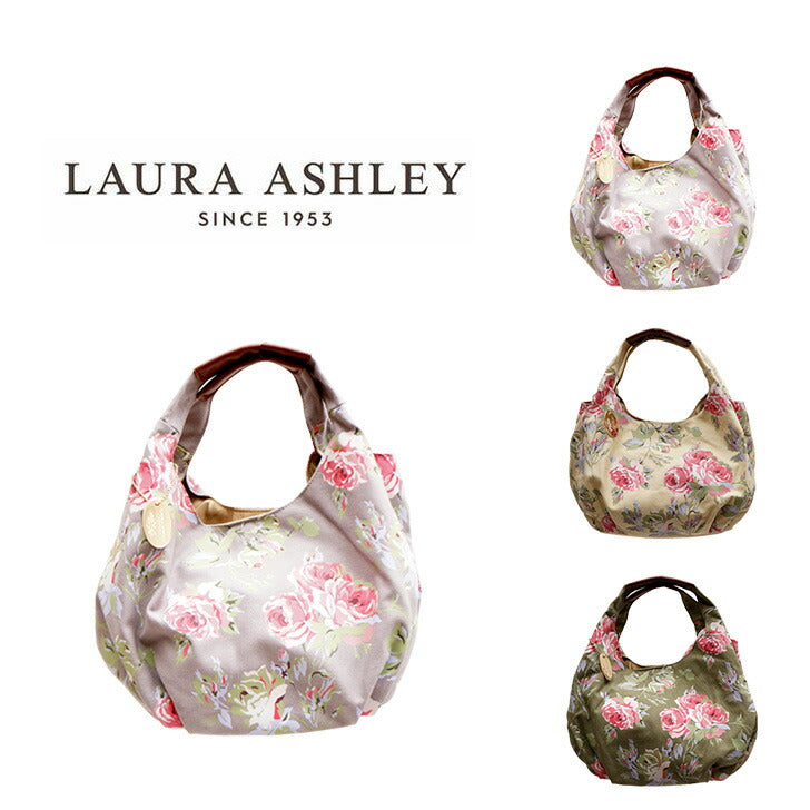 LAURA ASHLEY ローラアシュレイ ILHK-01 ナチュラル キャンバス 大人可愛い 花柄バッグ トート ハンドバッグ 手持ち ひじ掛け ファスナーポケット オープンポケット グリーン ベージュ グレー ROSE 丸型トート A4サイズ 収納 8L 通勤 お出かけ