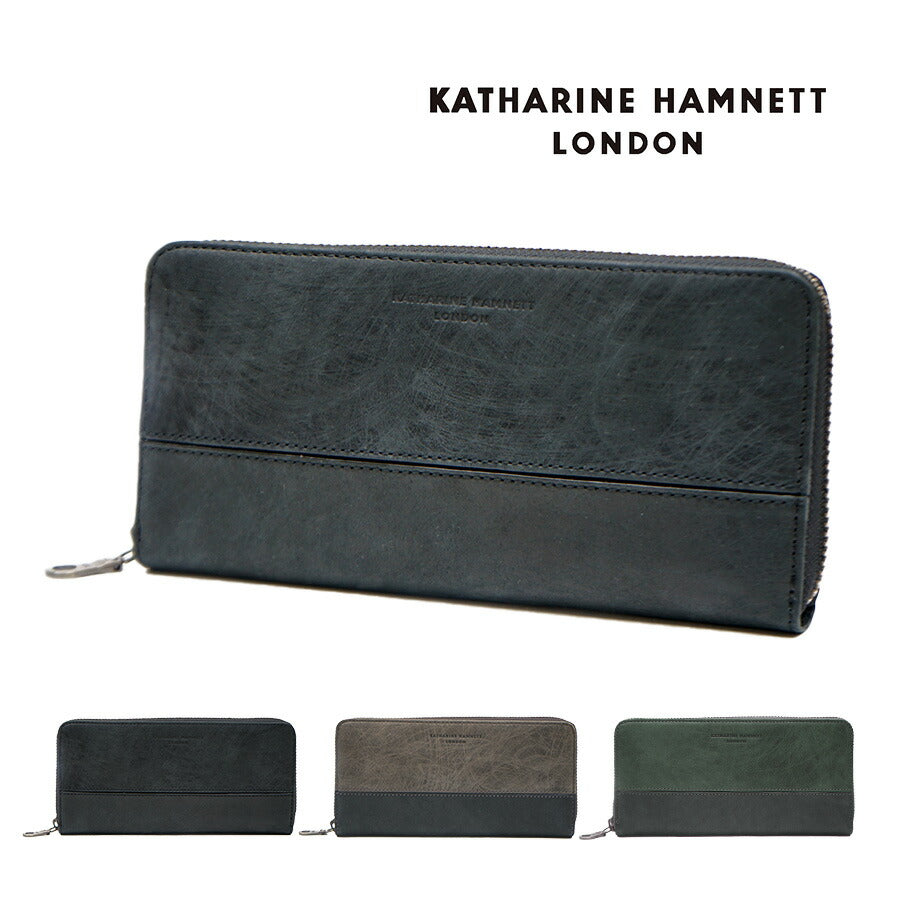 【SNSで話題のレザーケアクリームプレゼント中!】【KATHARINE HAMNETT】490-50603 ラウンド長財布 SCRUBシリーズ ウォレット 財布 さいふ サイフ 普段使い 使いやすい 便利 シンプル キャサリンハムネット ブラック 天然皮革 collonil コロニル