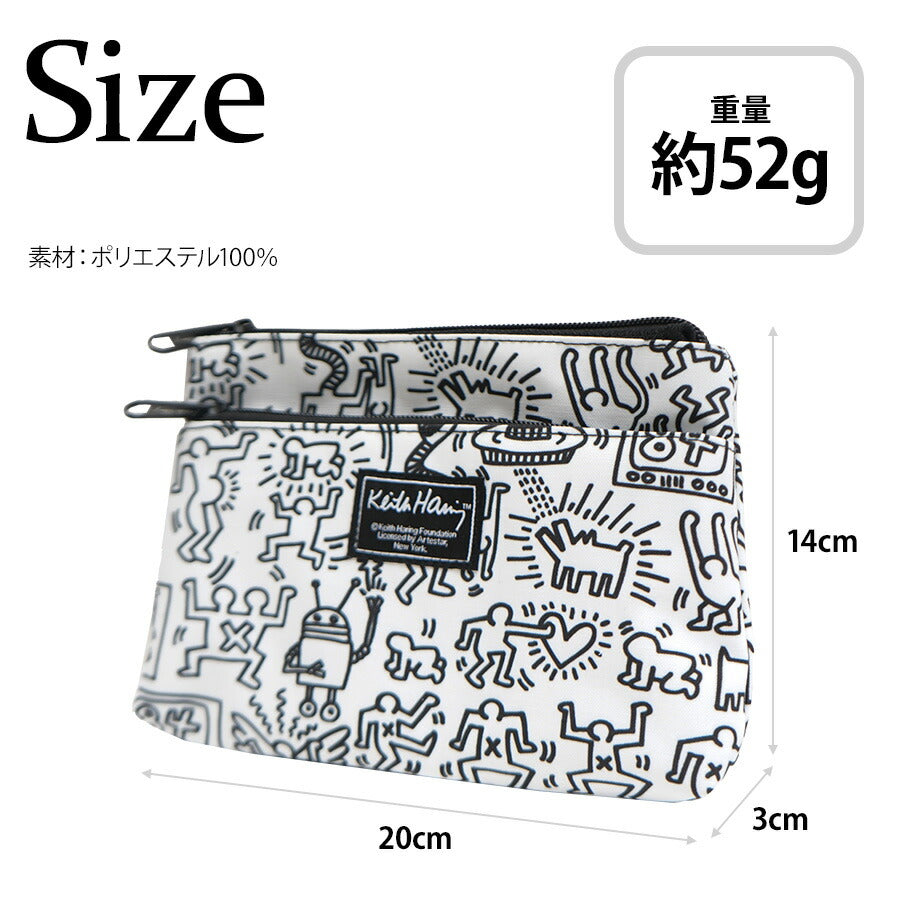 【KeithHaring】15801 フラットポーチ ポーチ 小物入れ 化粧ポーチ キースヘリング ユニセックス 男女兼用 ブラック ホワイト 使いやすい かわいい ストリート 普段使い 学生 中学生 高校生 大学生