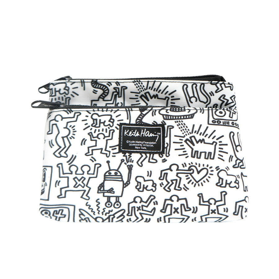【KeithHaring】15801 フラットポーチ ポーチ 小物入れ 化粧ポーチ キースヘリング ユニセックス 男女兼用 ブラック ホワイト 使いやすい かわいい ストリート 普段使い 学生 中学生 高校生 大学生