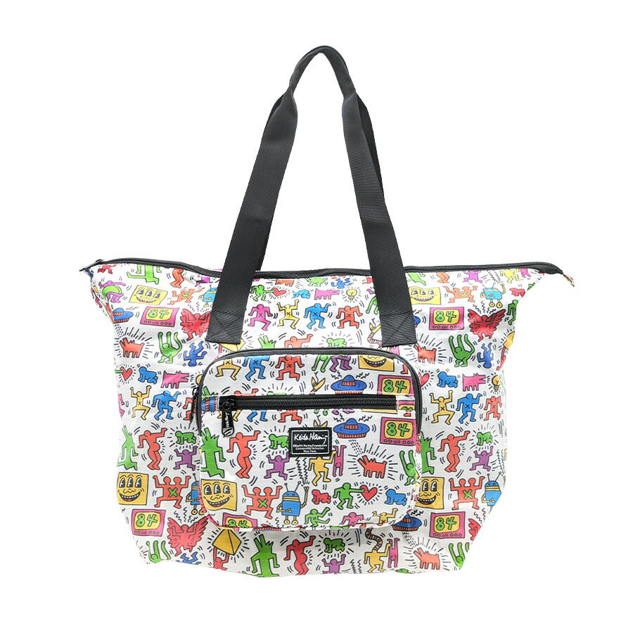 【KeithHaring】15802 パッカブルトートバッグ 鞄 トート 持ち運び サブバッグ キースヘリング ユニセックス 男女兼用 ブラック ホワイト 使いやすい かわいい ストリート 普段使い 便利 中学生 高校生 大学生