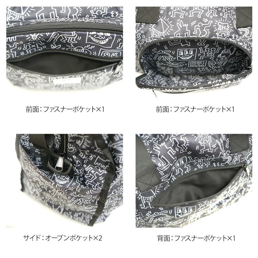【KeithHaring】15803 パッカブルダッフルバッグ 鞄 ボストンバッグ 持ち運び サブバッグ キースヘリング ユニセックス 男女兼用 ブラック ホワイト 使いやすい かわいい ストリート 普段使い 便利 中学生 高校生 大学生