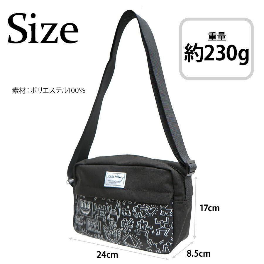 【KeithHaring】15805 横型ショルダーバッグ ショルダー 斜めがけ 軽量 キースヘリング ユニセックス 男女兼用 ブラック ホワイト 使いやすい かわいい ストリート 普段使い 便利 中学生 高校生 大学生