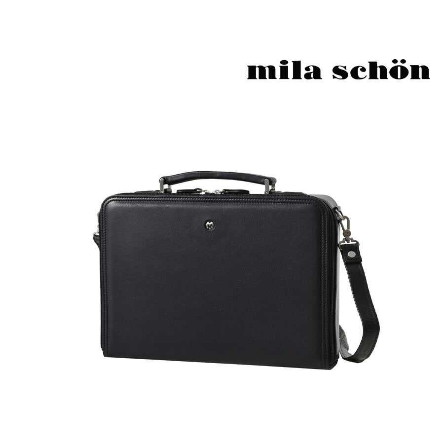 【mila schon】193521 ミラショーン クレスタ ビジネススクエアバッグ 手提げ 斜め掛け 通勤 仕事 営業 日本製 レザー 牛革 メンズ プレゼント ギフト ブラック
