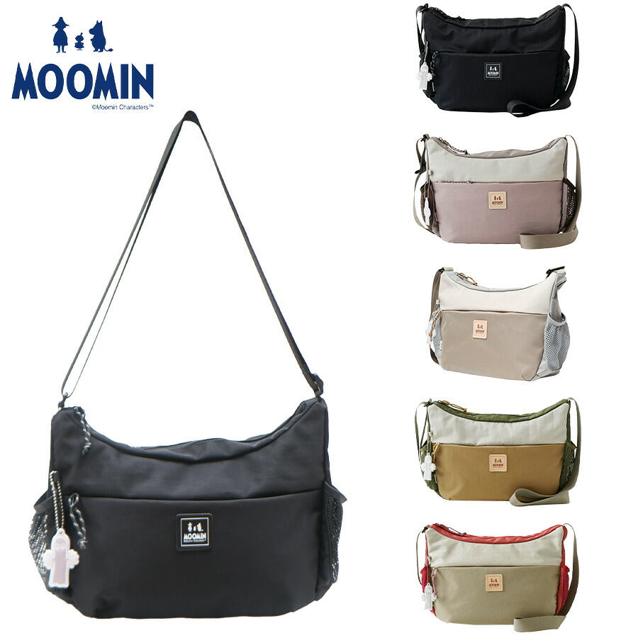 【MOOMIN】RMNL-03 深型ショルダーバッグ ムーミン ポケット沢山 大容量 軽撥水 軽量 たっぷり収納 便利 バッグ ヌメ革 ワッペン ロゴの型押し シワナイロン素材 タウン レジャー アウトドア ニョロニョロ リフレクター付き プレゼント 母の日