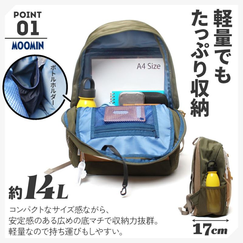 【MOOMIN】RMNL-05 ラウンド型バックパック ムーミン 通学 通勤 マザーズバッグ 大容量 リュックサック 軽さ 軽撥水 ナイロン キャンプ 屋外 タウン デイバッグ ヌメ革 ロゴの型押し 魅力的 背面ポケット チェストベルト ニョロニョロ リフレクター付き プレゼント 母の日