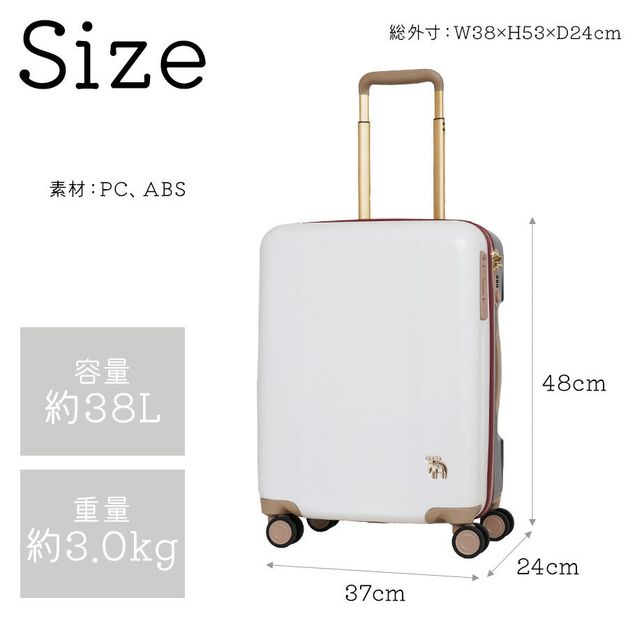 【moz】 mz0844-48 キャリーケース 38L スーツケース レディース 機内持ち込み可能 キャスター 静音 ストッパー付き 小型 Sサイズ ブランド プレゼント ギフト ブラック 軽量 旅行バッグ PC ABS 旅行かばん 1泊