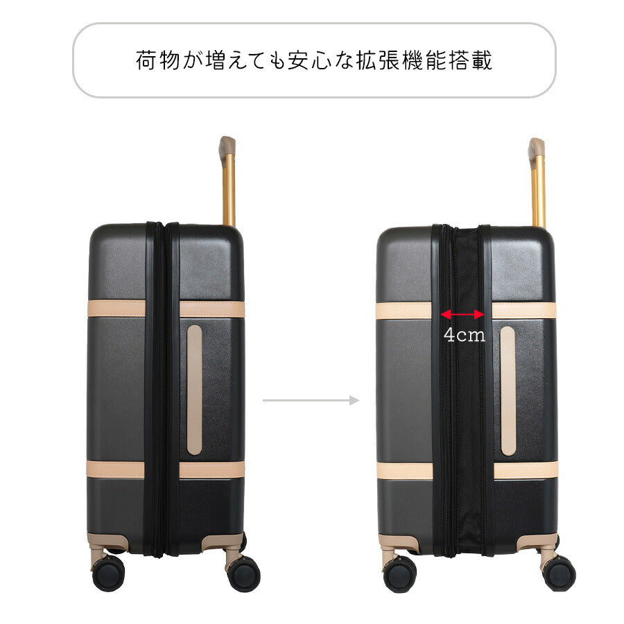 【moz】 mz0859-57 トランク風キャリーケース 56-65L スーツケース レディース ダイヤルロック 拡張機能付き TSA Mサイズ ブランド プレゼント ブラック