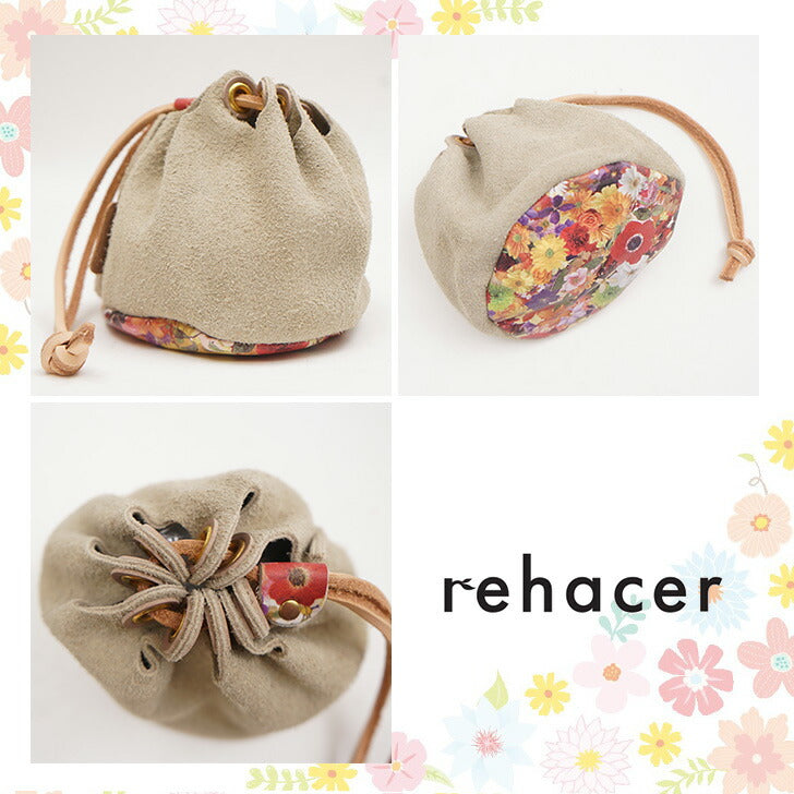 【レターパック配送/日時指定不可】 rehacer レアセル 巾着ポーチ Re-09 ミニ 巾着 花柄 小物入れ メイクポーチ リップ 目薬 イヤホン メンズ レディース おしゃれ 牛革スエード スエードレザー 高級 人気 正規品 プレゼント