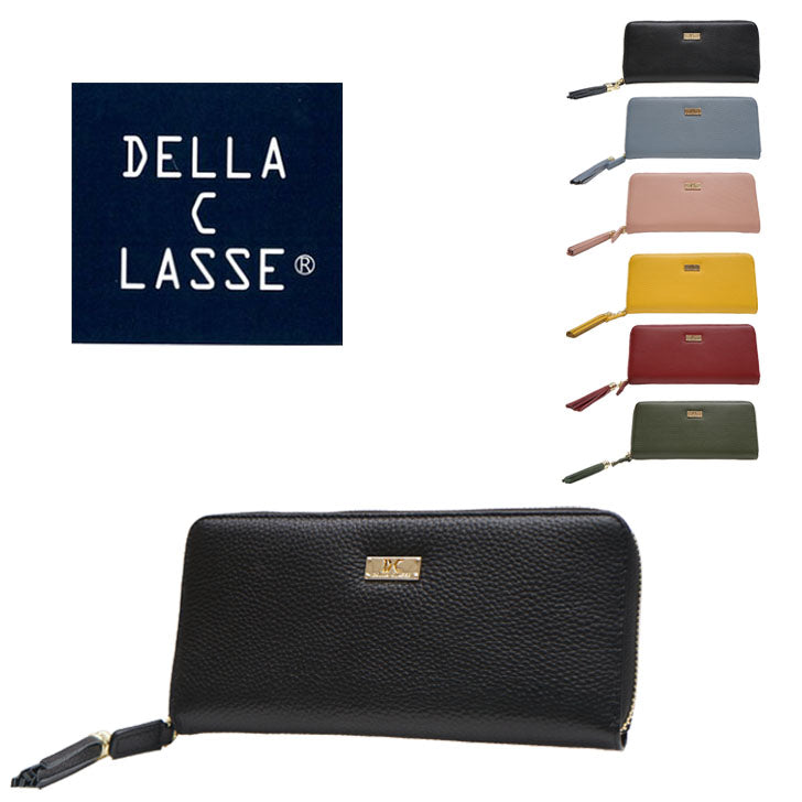 【SNSで話題のレザーケアクリームプレゼント中!】【DELLA C LASSE】デラクラッセ xh-1005 長財布 シュリンク型押し ラウンドファスナー 革財布 本革 牛革 タッセル カードポケット プレート ブラック ギフト プレゼント 贈り物 collonil コロニル