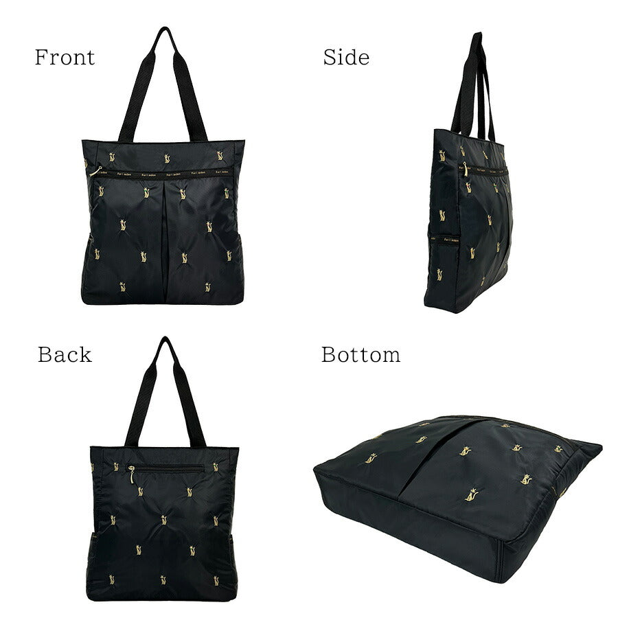 【Ferlieden】4918 4795 刺繍 縦型 ファスナートート フェアリーデン ししゅう 猫 花 かわいい ポイント おしゃれ プレゼント プチギフト 軽量 軽い ブラック レディース 母の日 敬老の日 誕生日 記念日 使いやすい ポケット