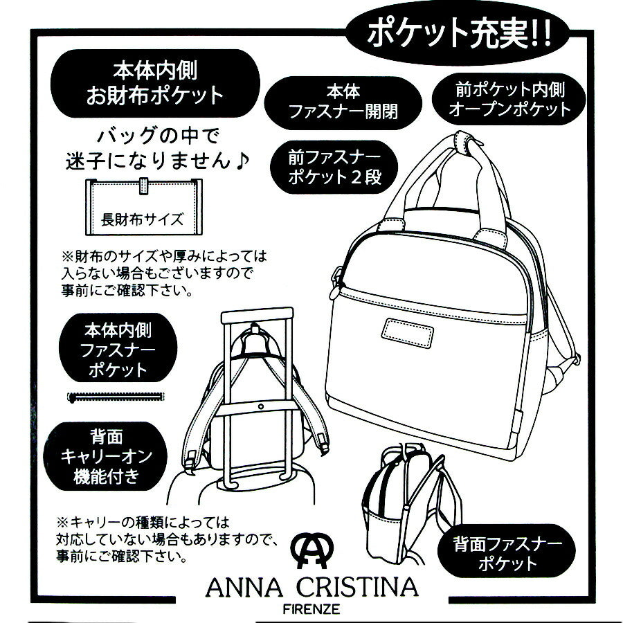 【ANNA CRISTINA】4A40 リュック アンナクリスティーナ 軽量 ナイロン 軽い お出かけ 旅行 ちょっとそこまで 散歩 旅行 サブバッグ リュック デイパック 背負い レディース 女性 母の日 ママ おばあちゃん 感謝 ギフト 贈り物