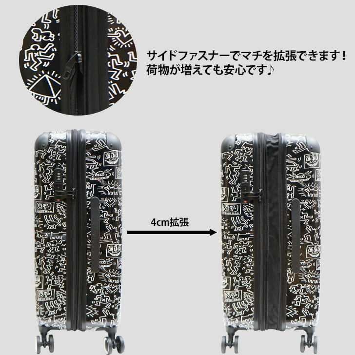 Keith Haring キースヘリング キャリーケース 63L 拡張 72L 15901 キャリーバッグ 拡張式 Wキャスター 大き目 大容量 3泊 4泊 5泊 メンズ レディース ジュニア オールシーズン ブラック ホワイト TSAロック 送料無料 ギフト おしゃれ 人気