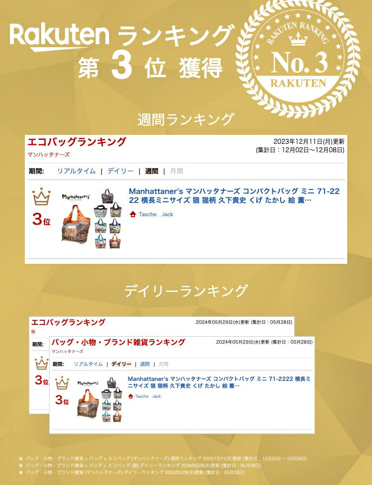 Manhattaner's マンハッタナーズ コンパクトバッグ ミニ 71-2222 横長ミニサイズ 猫 猫柄 久下貴史 くげ たかし 絵 薫るマンハッタン NY猫絵暦四月 ウォーホル方式のフェデリコ 手芸猫 群集猫 お買物 外出 サブバッグ 肩掛け 大容量 マグネット付き 折り畳み 贈り物 猫好き