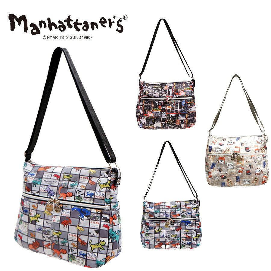 【当店オリジナルエコバッグプレゼント中！】【Manhattaner's】 マンハッタナーズ ショルダーバッグ L 71-8006  猫 猫柄 久下貴史 くげ たかし 絵 ライトトラベル 猫の格子パズル ぎしぎし密集猫 軽量  カジュアル プレゼント 母の日 敬老の日 猫好き