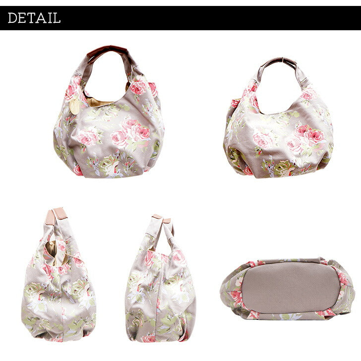 LAURA ASHLEY ローラアシュレイ ILHK-01 ナチュラル キャンバス 大人可愛い 花柄バッグ トート ハンドバッグ 手持ち ひじ掛け ファスナーポケット オープンポケット グリーン ベージュ グレー ROSE 丸型トート A4サイズ 収納 8L 通勤 お出かけ
