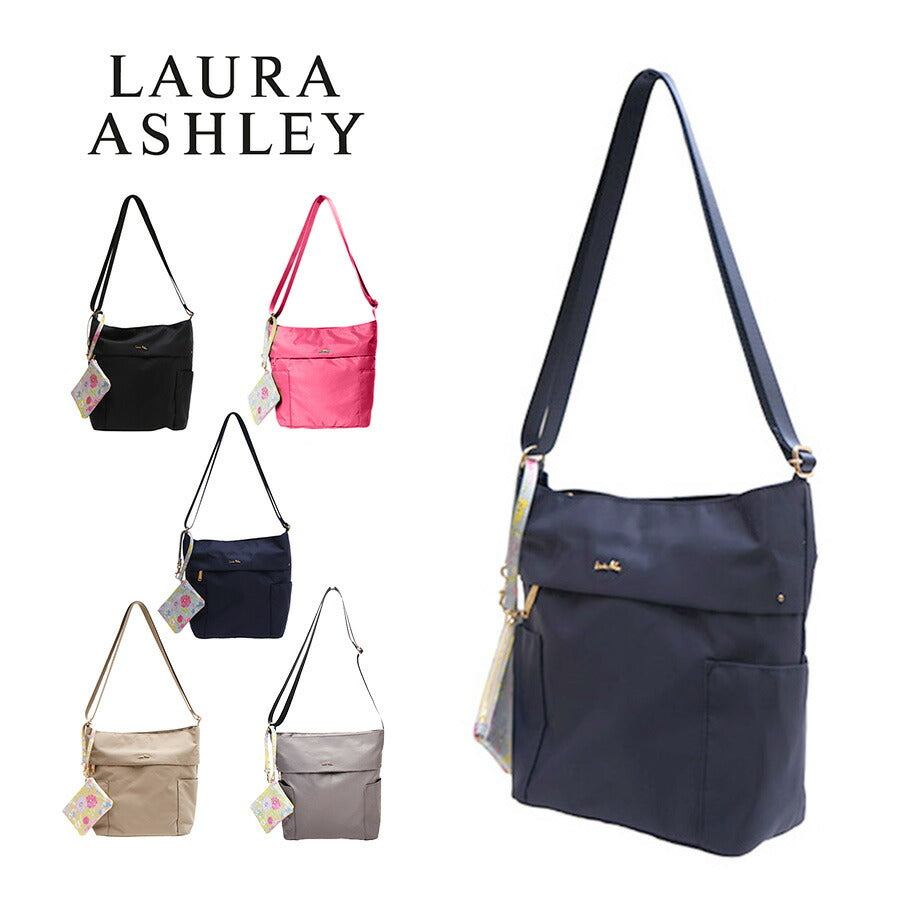 LAURA ASHLEY ローラアシュレイ ILNL-03 上品 ナイロン 機能的 縦型 ショルダーバッグ A5サイズ 収納可能 500ml ペットボトル 大人可愛い オープンポケット ファスナーポケット Gilly柄 ネイビー ブラック ベージュ 6.5L