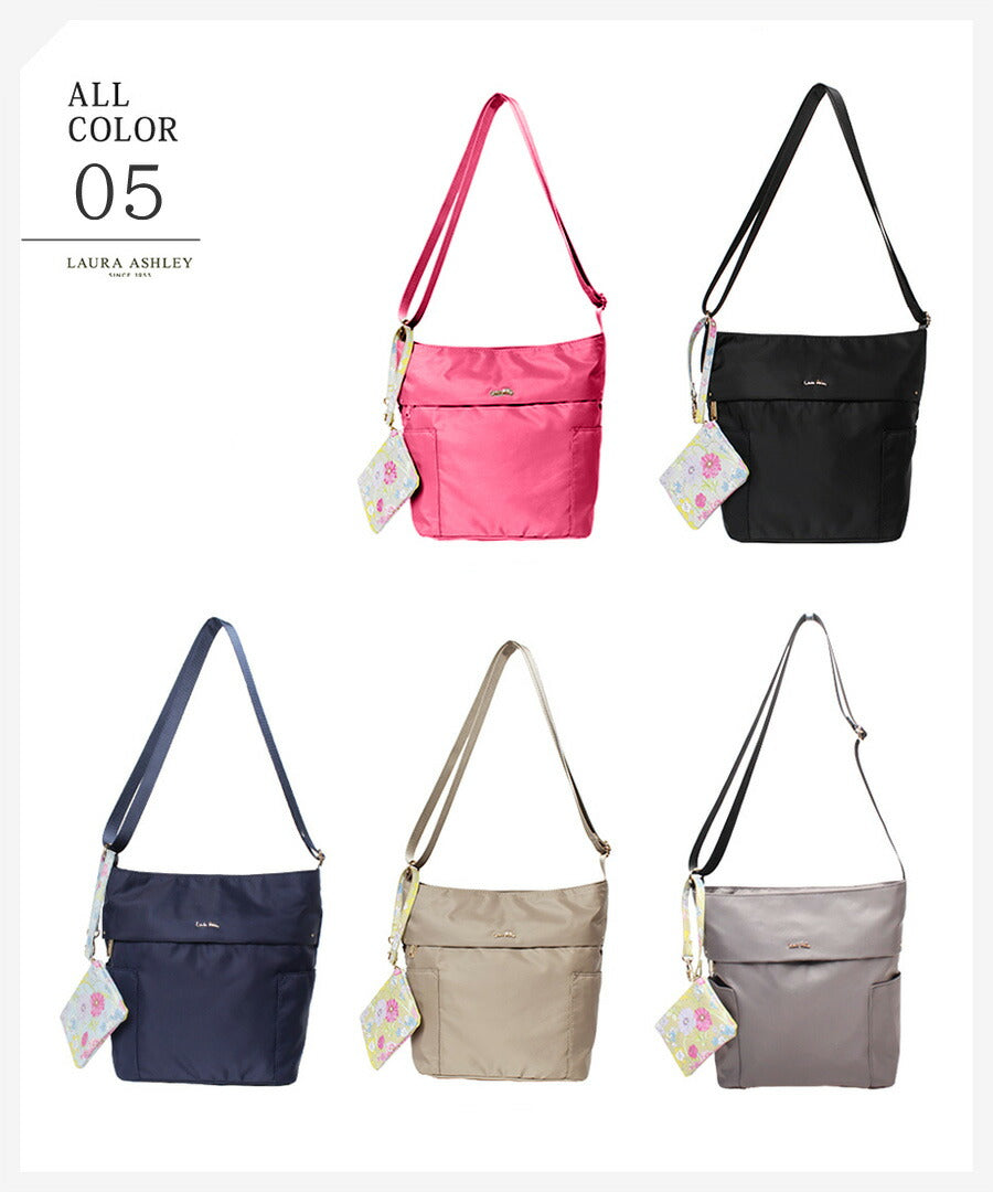 LAURA ASHLEY ローラアシュレイ ILNL-03 上品 ナイロン 機能的 縦型 ショルダーバッグ A5サイズ 収納可能 500ml ペットボトル 大人可愛い オープンポケット ファスナーポケット Gilly柄 ネイビー ブラック ベージュ 6.5L