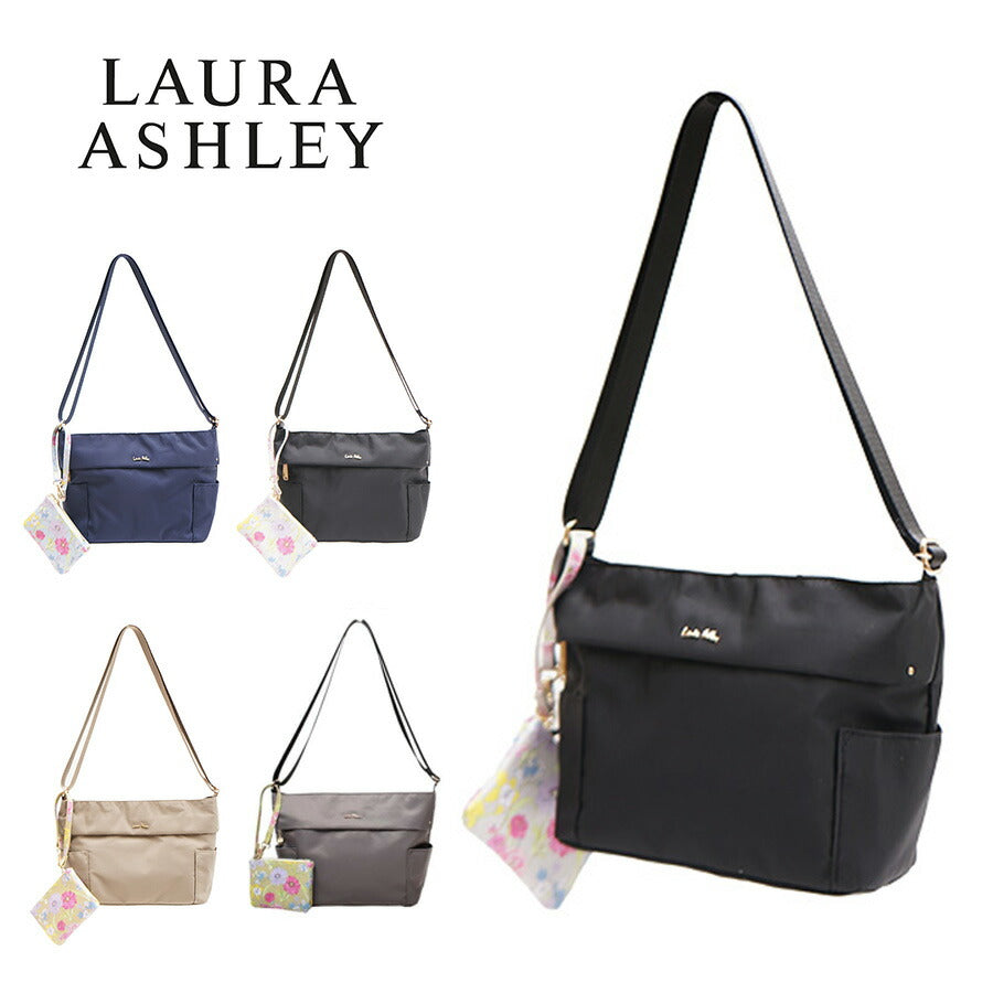 LAURA ASHLEY ローラアシュレイ ILNL-04 上品 ナイロン 機能的 横型 ショルダーバッグ A5サイズ 収納可能 500ml ペットボトル 大人可愛い オープンポケット ファスナーポケット Gilly柄 ネイビー ブラック ベージュ 4L