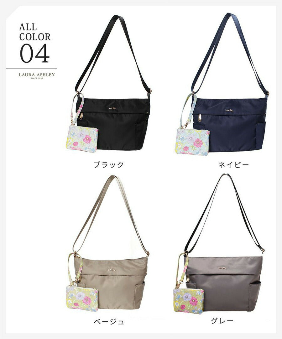 LAURA ASHLEY ローラアシュレイ ILNL-04 上品 ナイロン 機能的 横型 ショルダーバッグ A5サイズ 収納可能 500ml ペットボトル 大人可愛い オープンポケット ファスナーポケット Gilly柄 ネイビー ブラック ベージュ 4L