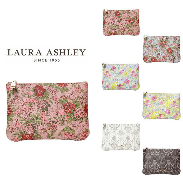 Laura Ashley ローラアシュレイ プリント柄 フラット ポーチ ILPP-02 自立できる 華やかな 花柄 化粧ポーチ 小物入れ シボ革 プリントデザイン 大人 可愛い Josette Gilly Cransford フラワーデザイン ライトグレー チャコールグレー ブルー グリーン アイボリー ピンク