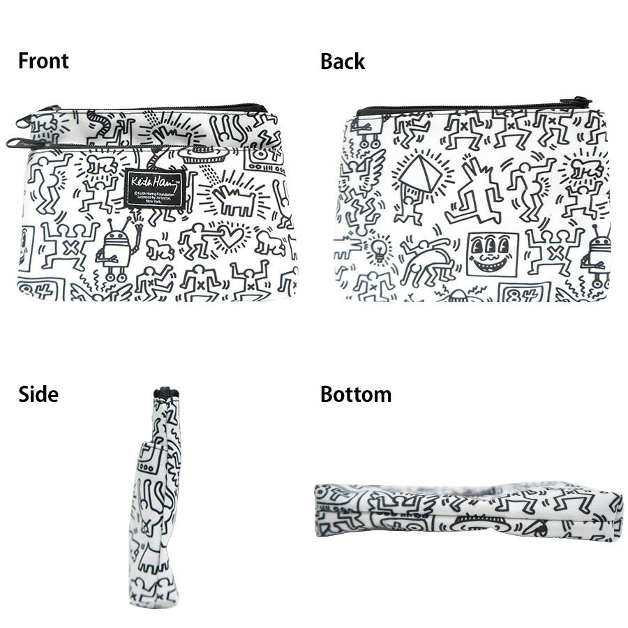 【KeithHaring】15801 フラットポーチ ポーチ 小物入れ 化粧ポーチ キースヘリング ユニセックス 男女兼用 ブラック ホワイト 使いやすい かわいい ストリート 普段使い 学生 中学生 高校生 大学生