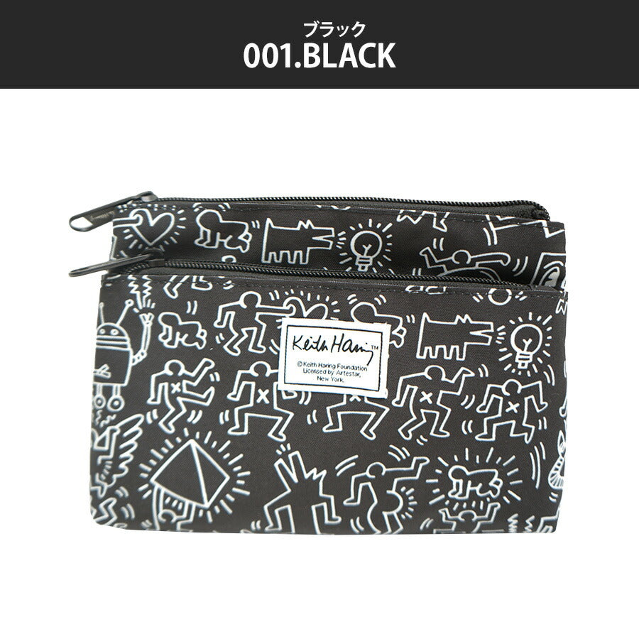 【KeithHaring】15801 フラットポーチ ポーチ 小物入れ 化粧ポーチ キースヘリング ユニセックス 男女兼用 ブラック ホワイト 使いやすい かわいい ストリート 普段使い 学生 中学生 高校生 大学生