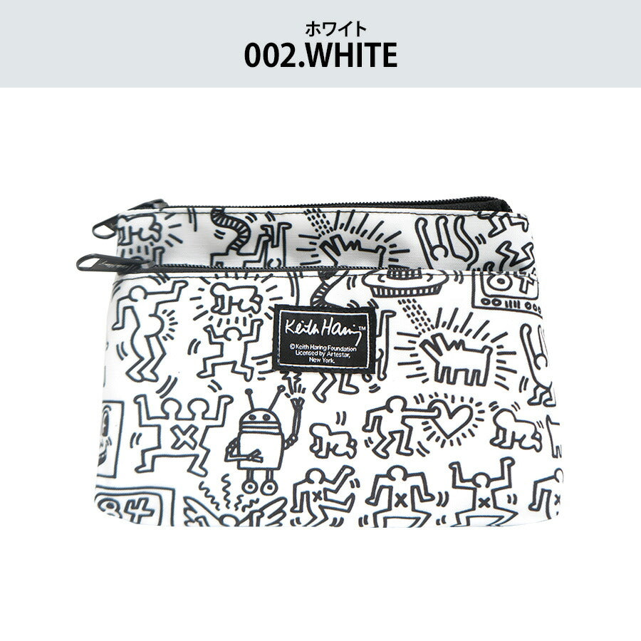 【KeithHaring】15801 フラットポーチ ポーチ 小物入れ 化粧ポーチ キースヘリング ユニセックス 男女兼用 ブラック ホワイト 使いやすい かわいい ストリート 普段使い 学生 中学生 高校生 大学生