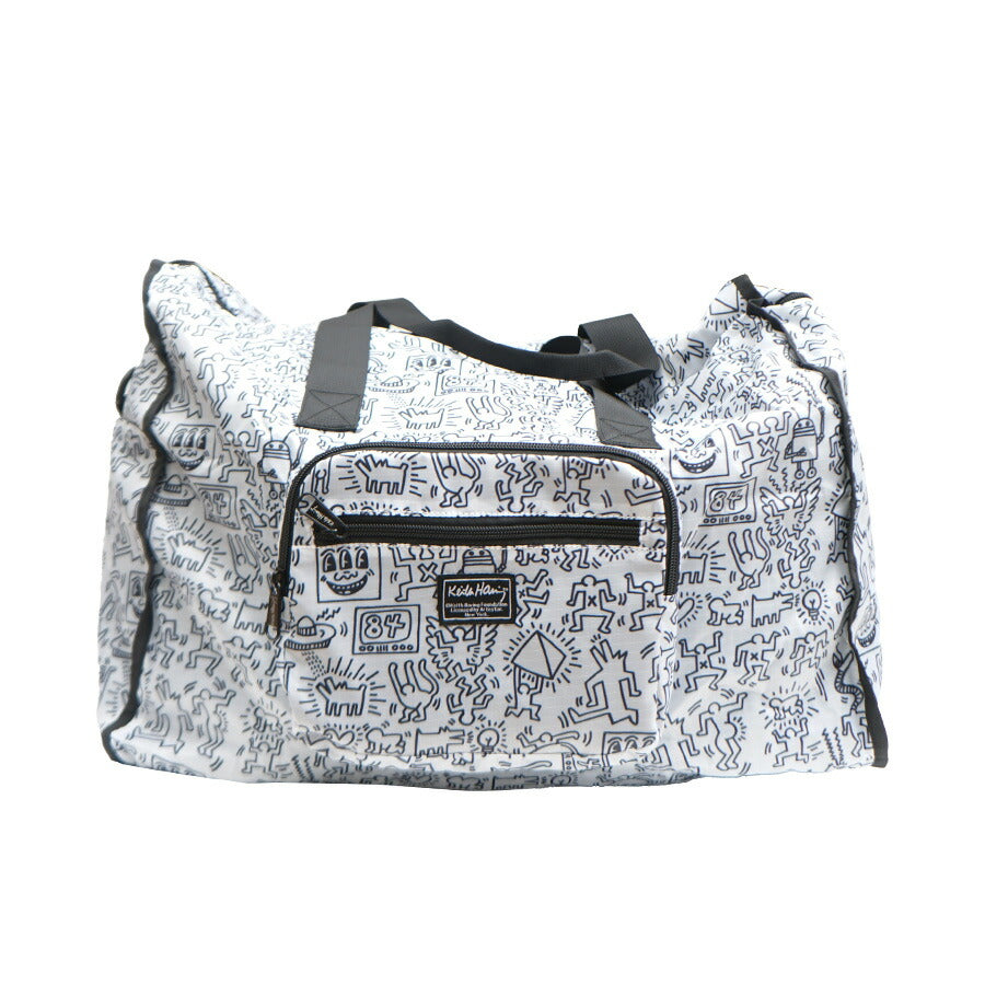 【KeithHaring】15803 パッカブルダッフルバッグ 鞄 ボストンバッグ 持ち運び サブバッグ キースヘリング ユニセックス 男女兼用 ブラック ホワイト 使いやすい かわいい ストリート 普段使い 便利 中学生 高校生 大学生