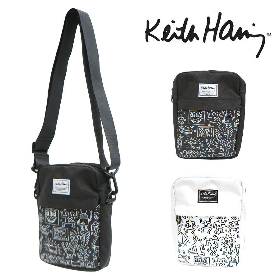 【KeithHaring】15804 縦型ショルダーバッグ 鞄 ショルダー 斜めがけ 軽量 キースヘリング ユニセックス 男女兼用 ブラック ホワイト 使いやすい かわいい ストリート 普段使い 便利 中学生 高校生 大学生