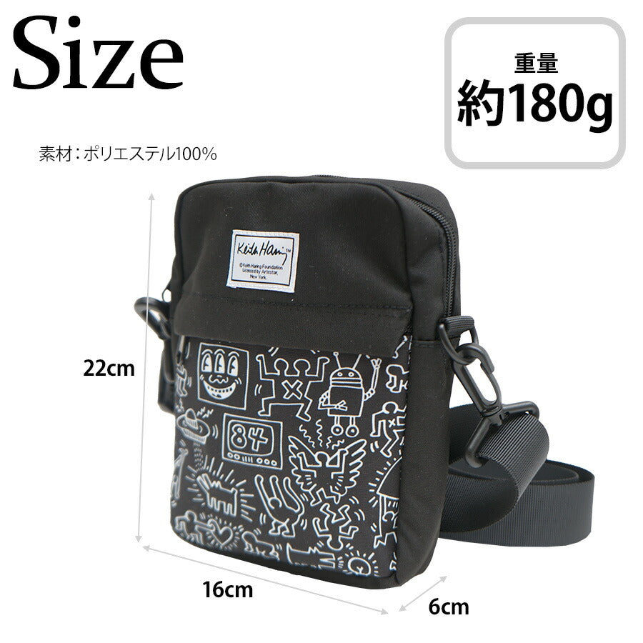 【KeithHaring】15804 縦型ショルダーバッグ 鞄 ショルダー 斜めがけ 軽量 キースヘリング ユニセックス 男女兼用 ブラック ホワイト 使いやすい かわいい ストリート 普段使い 便利 中学生 高校生 大学生