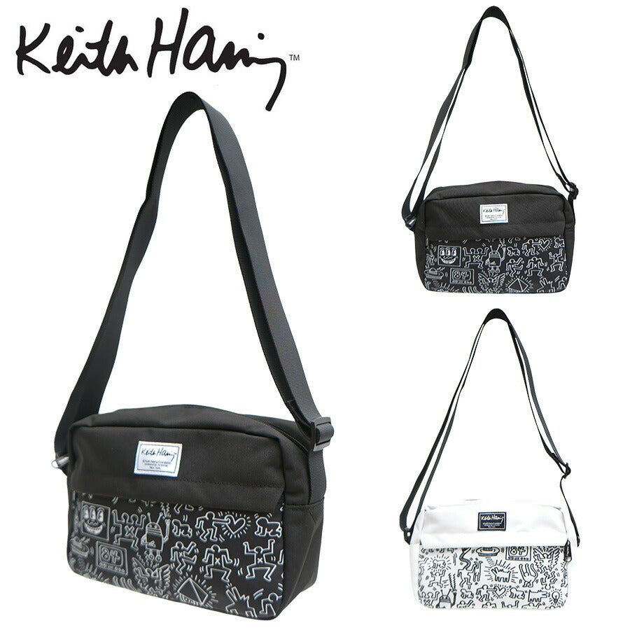 【KeithHaring】15805 横型ショルダーバッグ ショルダー 斜めがけ 軽量 キースヘリング ユニセックス 男女兼用 ブラック ホワイト 使いやすい かわいい ストリート 普段使い 便利 中学生 高校生 大学生