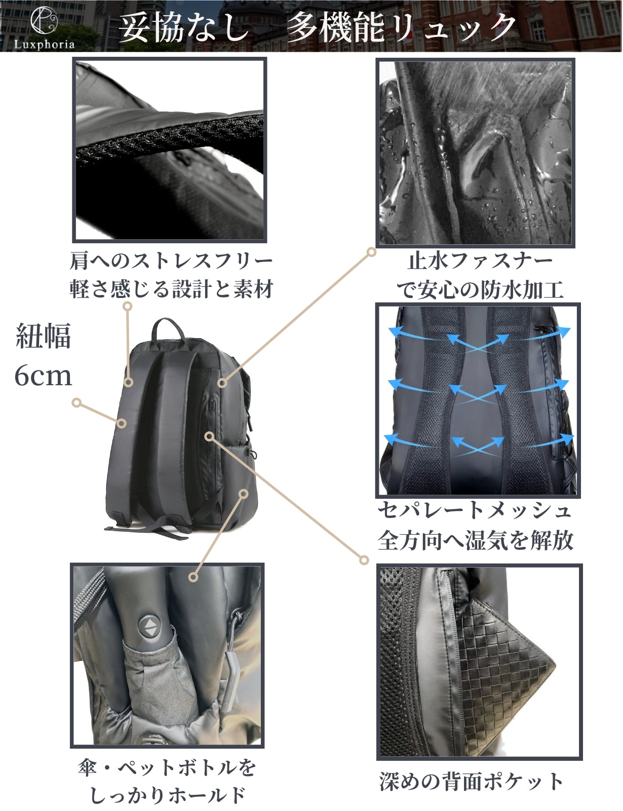 【Luxphoria】lxp-01 リュック 鞄 バックパック ユニセックス かばん カバン 鞄 バッグ シンプル ルクスフォリア ブラック 使いやすい おしゃれ お出かけ 大容量 ジム 通勤 アウトドア 普段使い 日常 高性能 ポーチ リュックハンガー