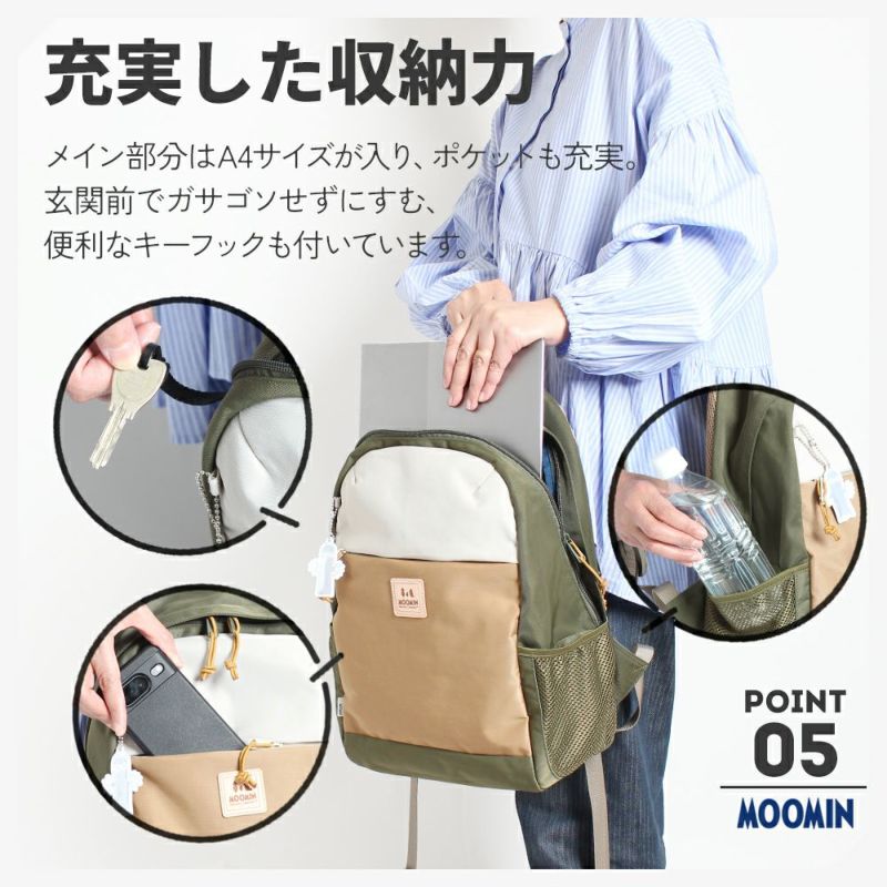【MOOMIN】RMNL-05 ラウンド型バックパック ムーミン 通学 通勤 マザーズバッグ 大容量 リュックサック 軽さ 軽撥水 ナイロン キャンプ 屋外 タウン デイバッグ ヌメ革 ロゴの型押し 魅力的 背面ポケット チェストベルト ニョロニョロ リフレクター付き プレゼント 母の日