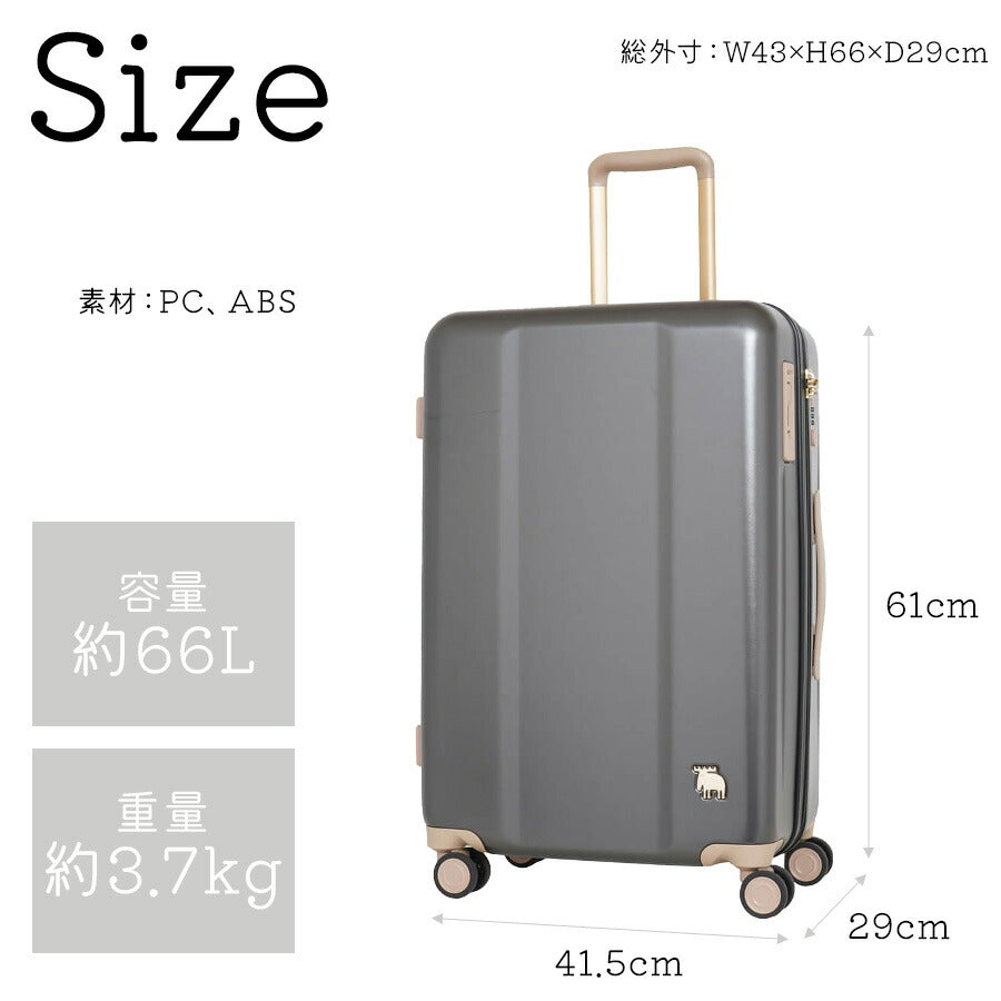 【moz】 mz0844-61 キャリーケース 66L スーツケース レディース キャスター 静音 ストッパー付き TSA 大容量 Mサイズ ブランド プレゼント ブラック 軽量 トラベルバッグ 旅行ケース ギフト 荷物収納