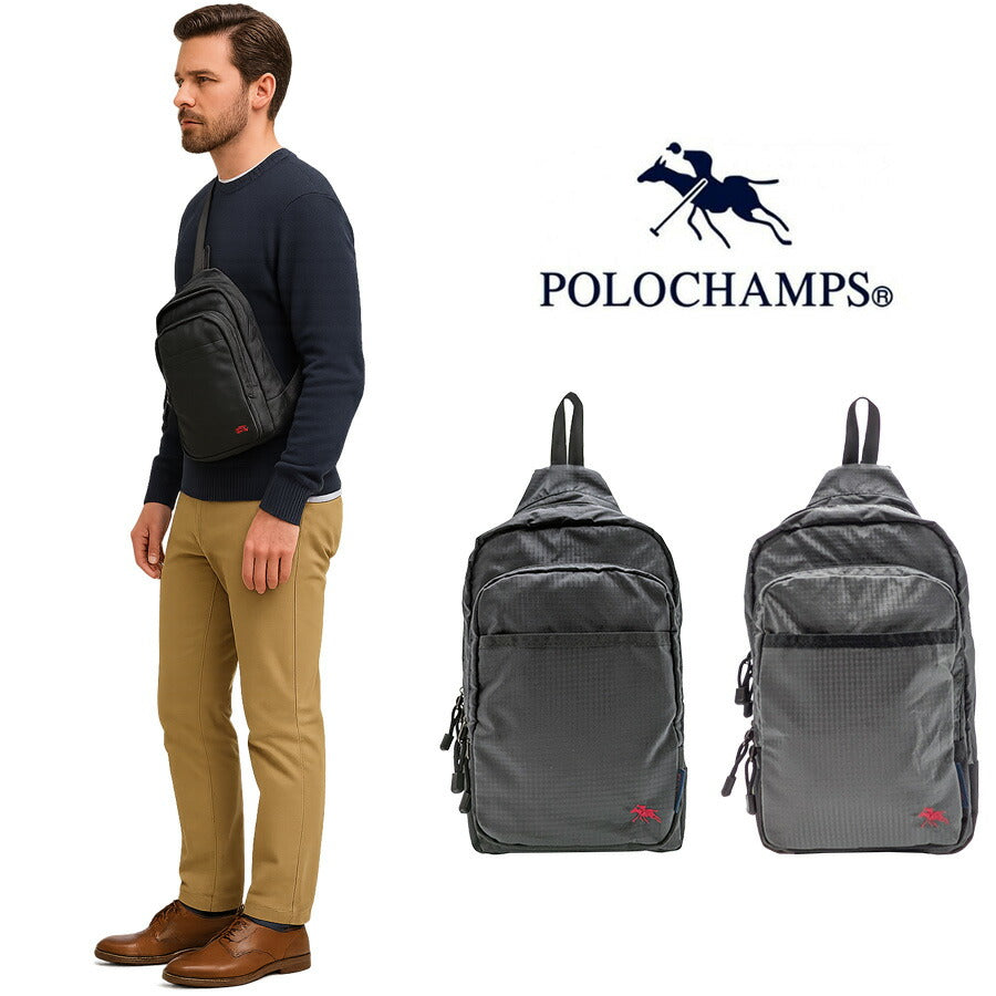 【POLO CHAMPS】 pcr106 ボディバッグ 斜め掛け かばん カバン バッグ 使いやすい 普段使い シンプル カジュアル メンズ 父の日 ギフト プレゼント ブラック